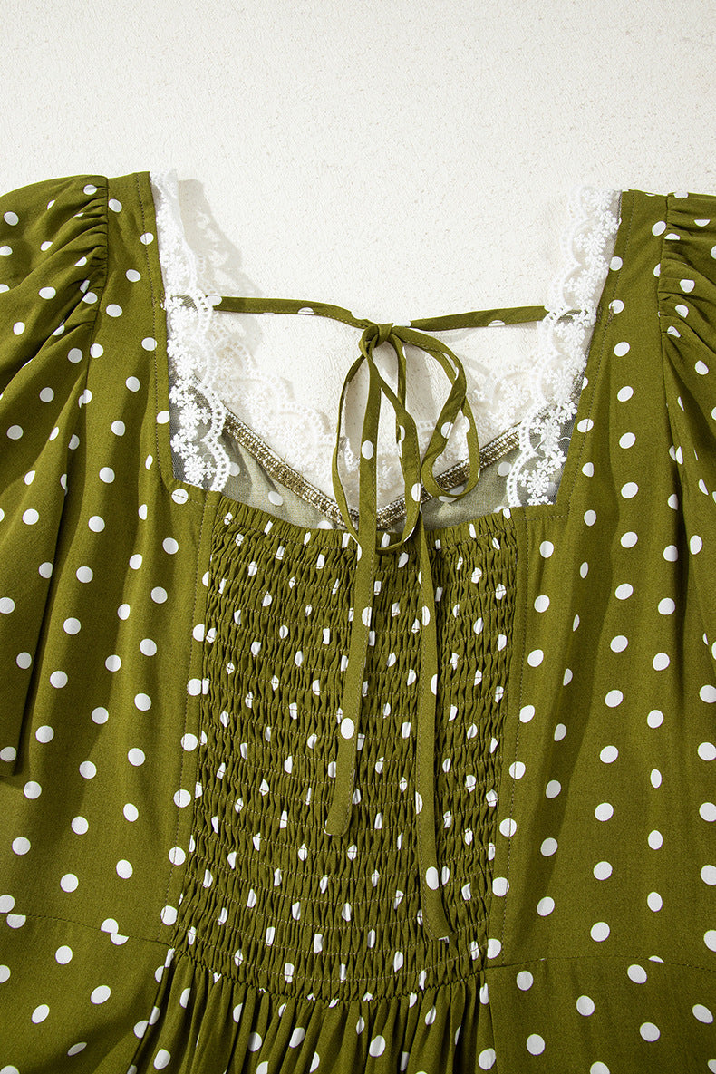 Polka Dot Lace Trim Midi Dress, V-Neck Puff Sleeve Smocked Back Summer Dress