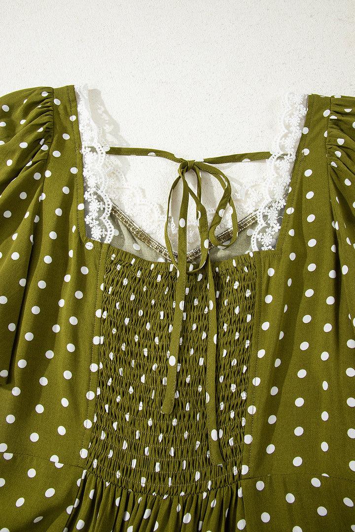 Polka Dot Lace Trim Midi Dress, V-Neck Puff Sleeve Smocked Back Summer Dress