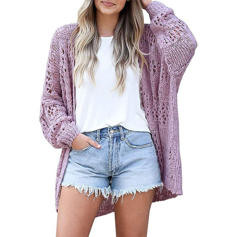 Long-sleeved open-front cutout knit cardigan