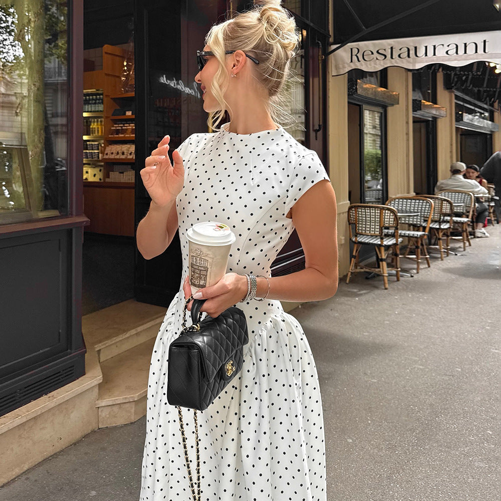 White Polka Dot Cap Sleeve Fit-and-Flare Midi Dress