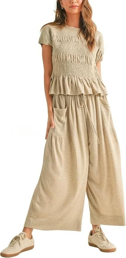Beige Linen-Blend Smocked Peplum Top &amp;amp; Wide-Leg Pants Set