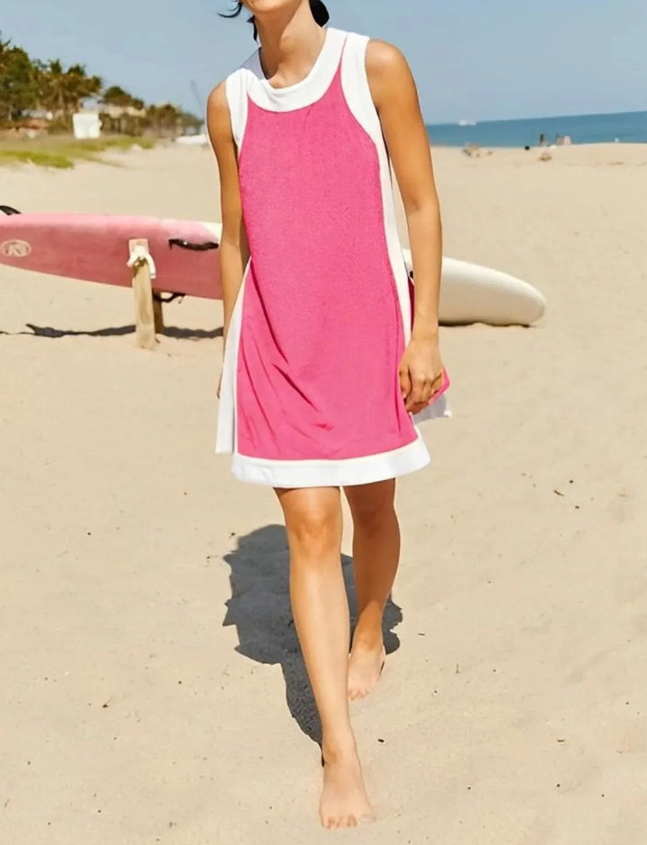 Pink &amp;amp; White Colorblock Terry Cloth Sleeveless Shift Dress