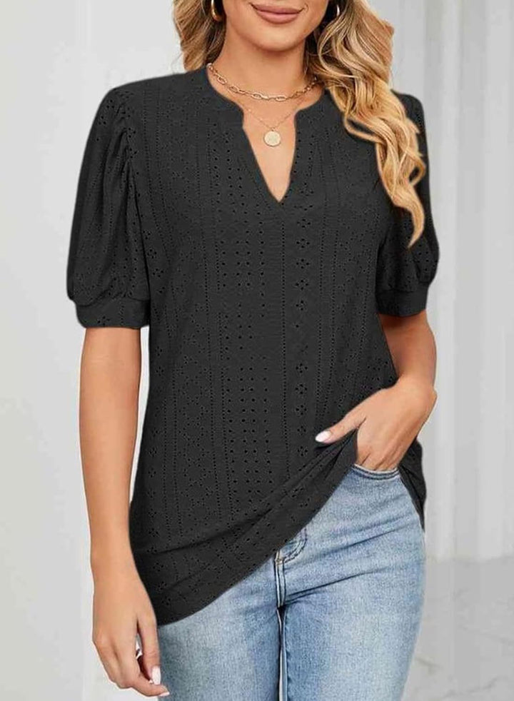 Eyelet Puff Sleeve Split Neck Blouse