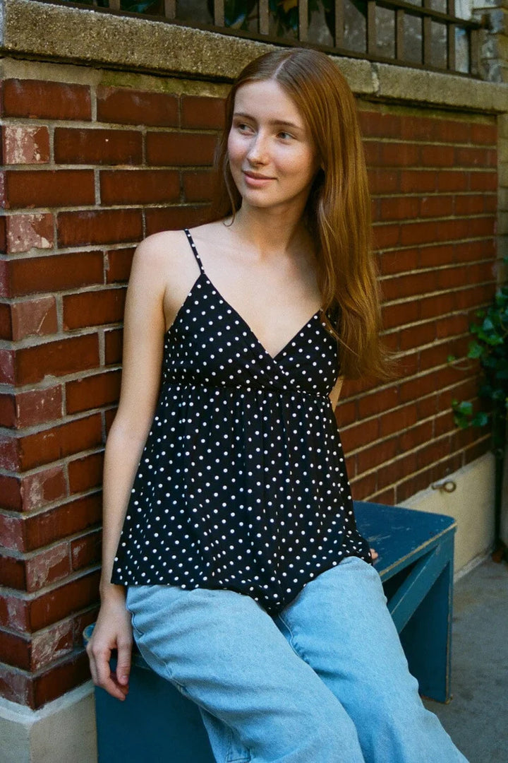 Polka Dot Deep V Babydoll Cami Top | Cream &amp;amp; Black Y2K Sweetheart Peplum Blouse