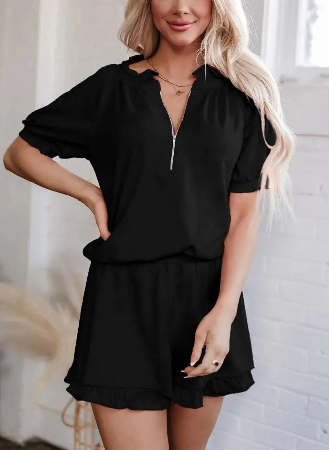 Women 2 Piece Lounge Sets Casual Short Sleeve Outfits Half Zip Puff Sleeve Top and Ruffled Shorts Set