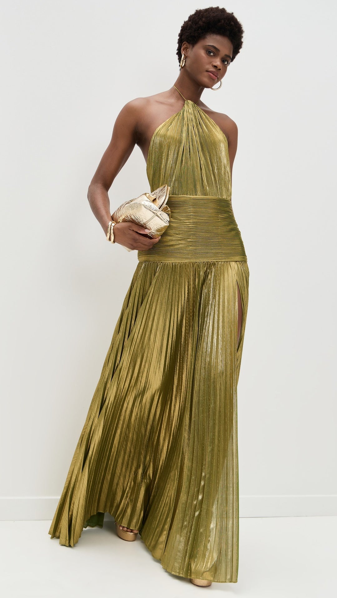 Metallic Olive Green Halter Neck Pleated Gown with High Slit