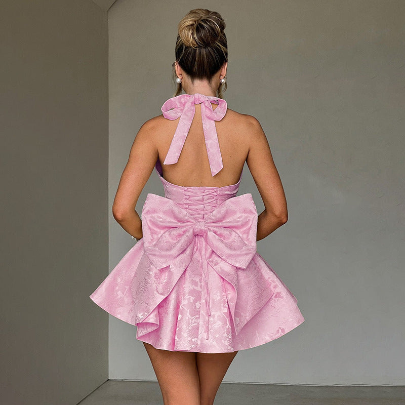 Jacquard Halter Mini Dress with Statement Bow