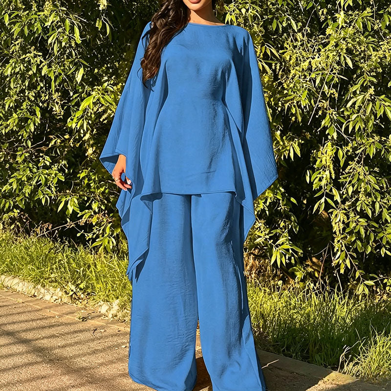 Batwing-sleeve top and wide-leg trousers two-piece set