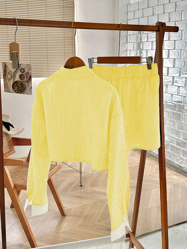 Striped Cropped Button-Down Shirt &amp;amp; Elastic Waist Shorts 2-Piece Set