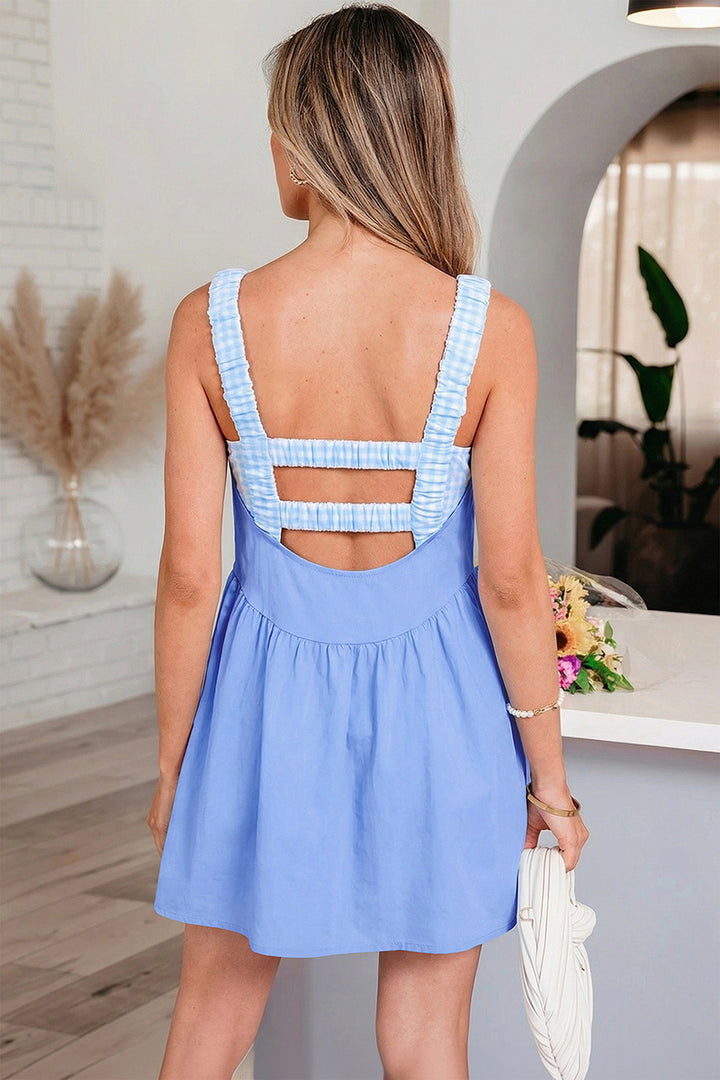 Summer Hollow Back Sleeveless Plaid Splicing Short Dress