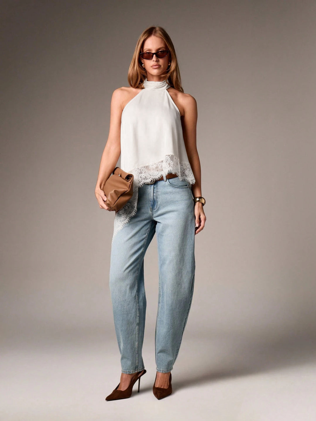 Halter Neck Lace Trim Asymmetrical Hem Top | Cream Chiffon Open Back Blouse