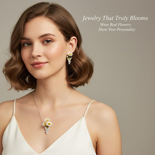 Sterling Silver Flower Bouquet Jewelry Set | Necklace Earrings &amp; Brooch Matte Finish