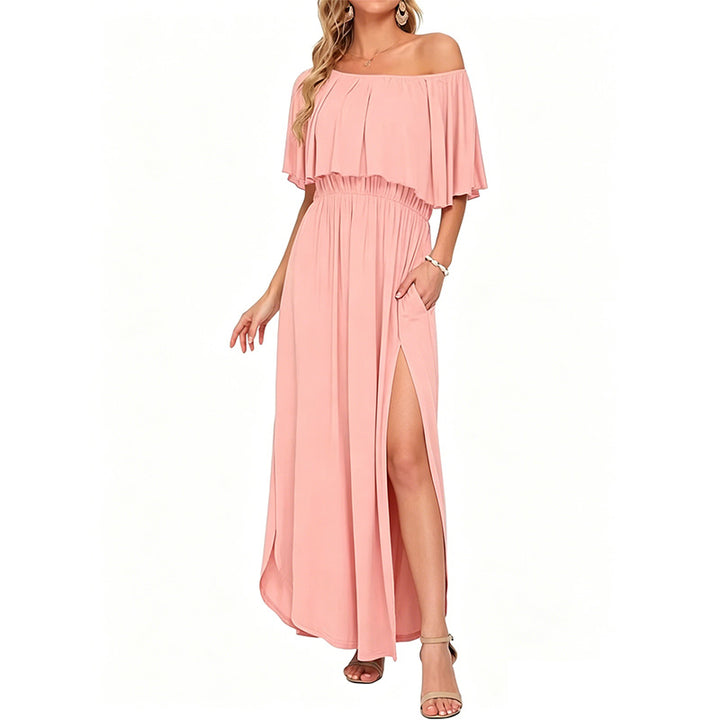 Printed off-shoulder short-sleeved long dress