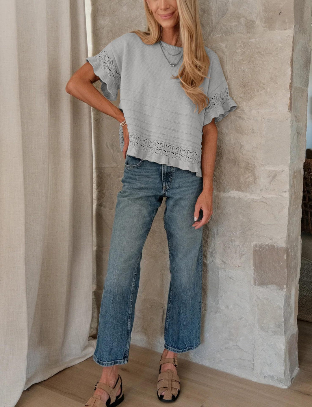 Beige Crochet Lace Trim Short-Sleeve Knit Top