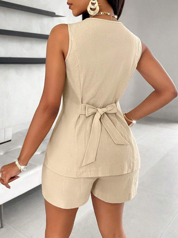 Cotton Textured Vest &amp;amp; Shorts Two-Piece Set