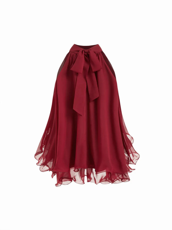 Multi-Color Halter Neck Flowy Chiffon Top with Bow Detail, Sleeveless Ruffled Blouse for Women