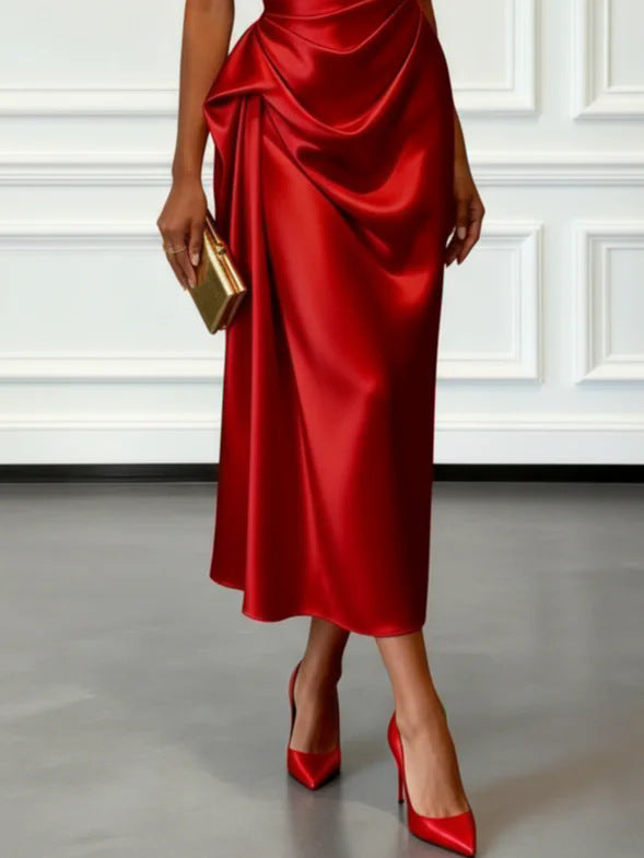 Multi-Color One-Shoulder Satin Midi Dress | Ruched Elegant Party Cocktail Dress