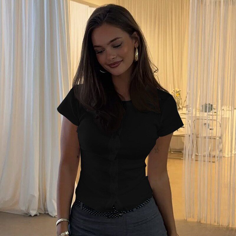 Ribbed Henley Button Front Short Sleeve Knit Top