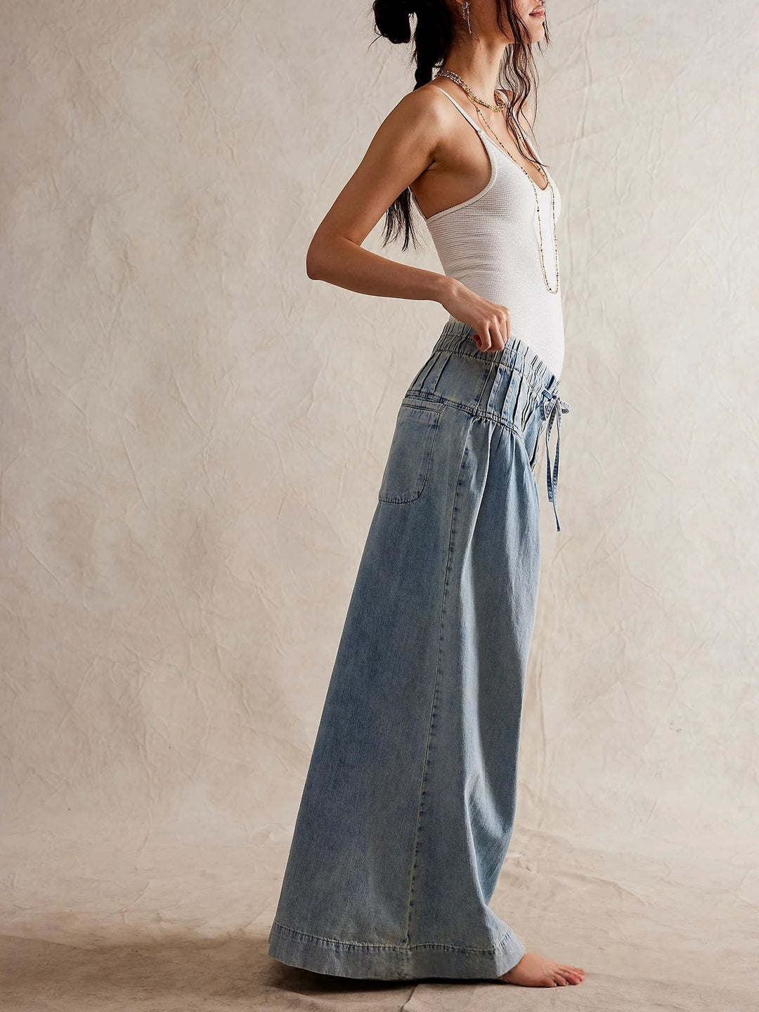 High-Waisted Denim Wide Leg Pants with Corset Waist