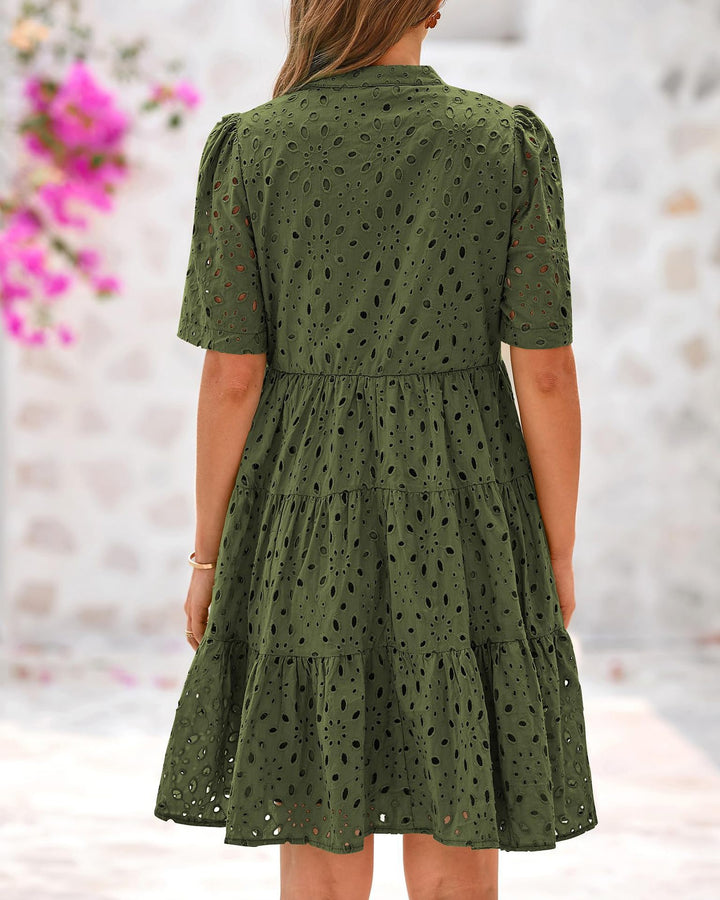 Eyelet Embroidery Tiered Mini Dress, Notched Neck Short Sleeve Casual Summer Dress