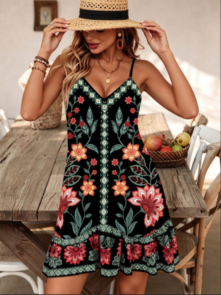 Boho Floral Geometric Trim Spaghetti Strap Ruffle Hem Mini Sundress