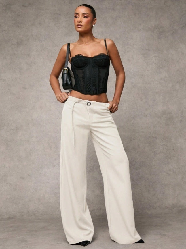 Low-Rise Tie Waist Wide Leg Trousers | Tailored Flare Pants with Metal Ring Detail for Women