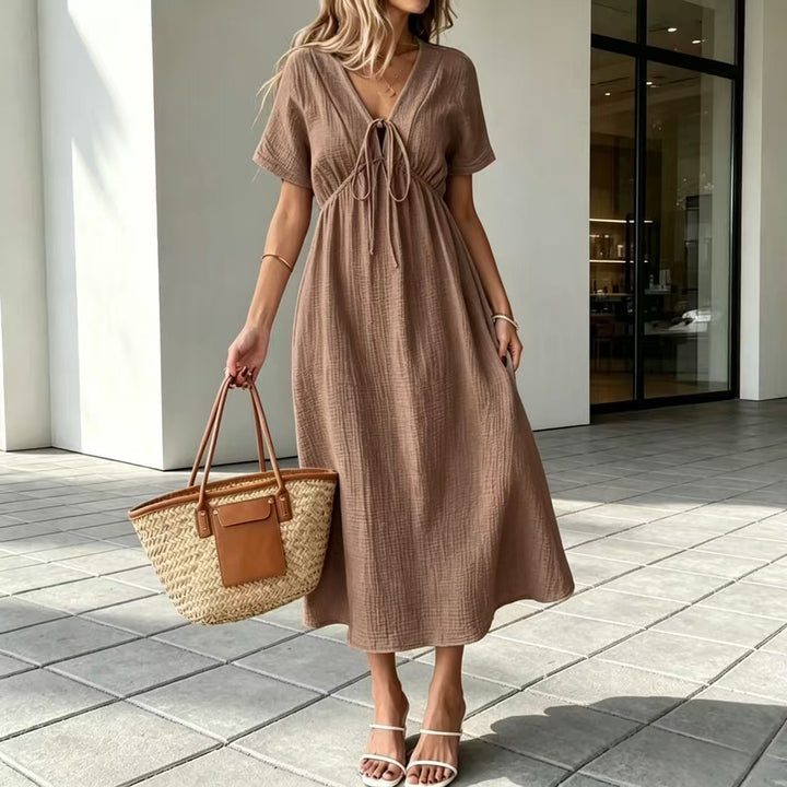 Crinkle Gauze V-Neck Midi Dress with Tie Detail, Short Sleeve Flowy Dress for Women
