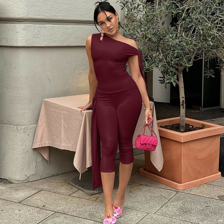 One-Shoulder Tie-Detail Two-Piece Set | Bodycon Crop Top &amp;amp; Capri Leggings Outfit