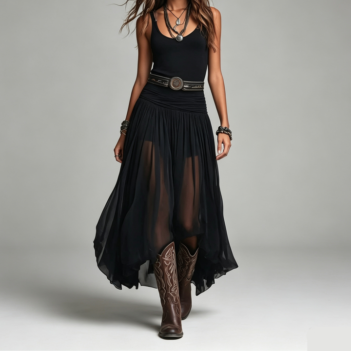 Low Neck Fitted Tank Chiffon Maxi Dress