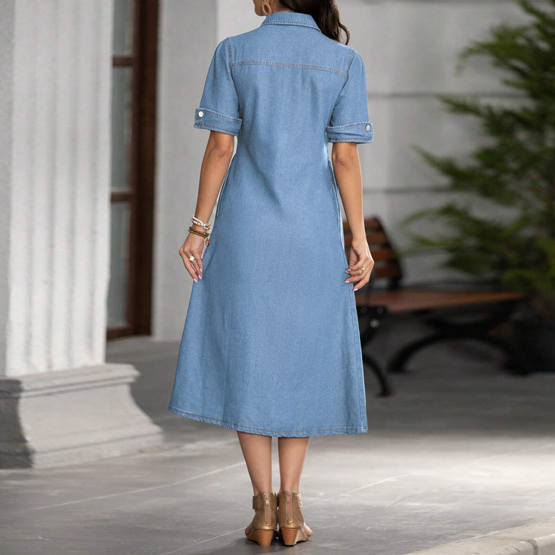 Short-sleeved denim shirt dress