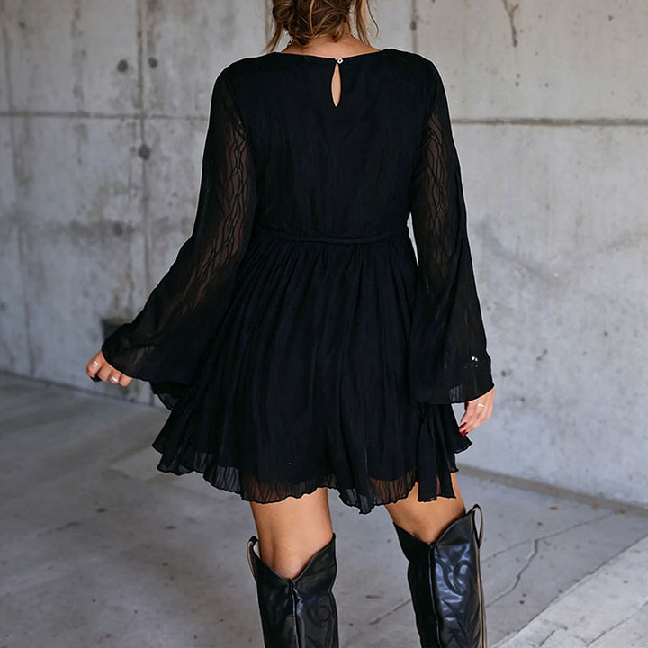 V-neck long-sleeve belted mini dress