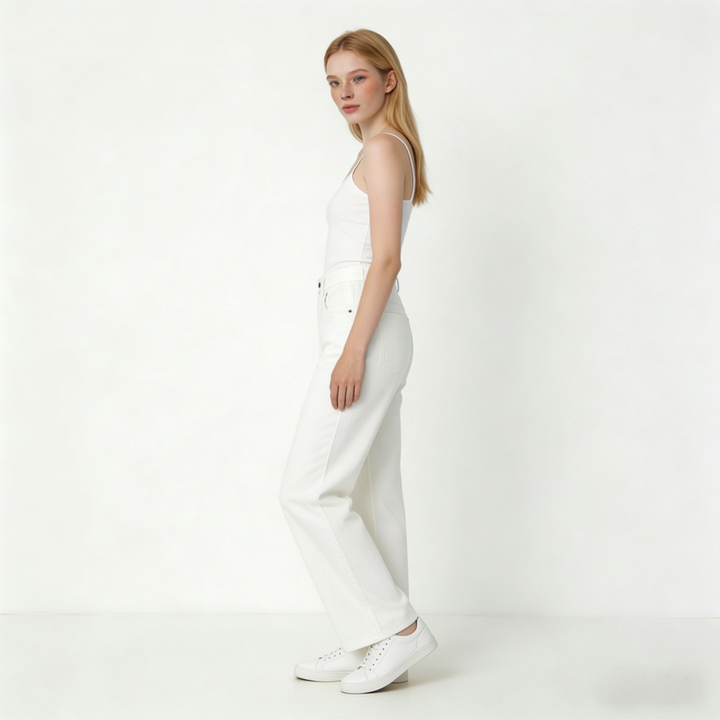 High Waist Straight Leg White Jeans | Relaxed Fit Wide Leg Denim Pants