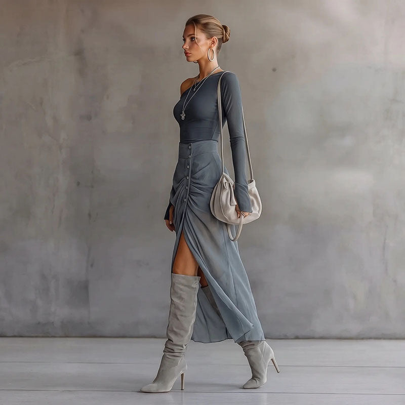 Off-shoulder long-sleeve maxi dress set with a slit