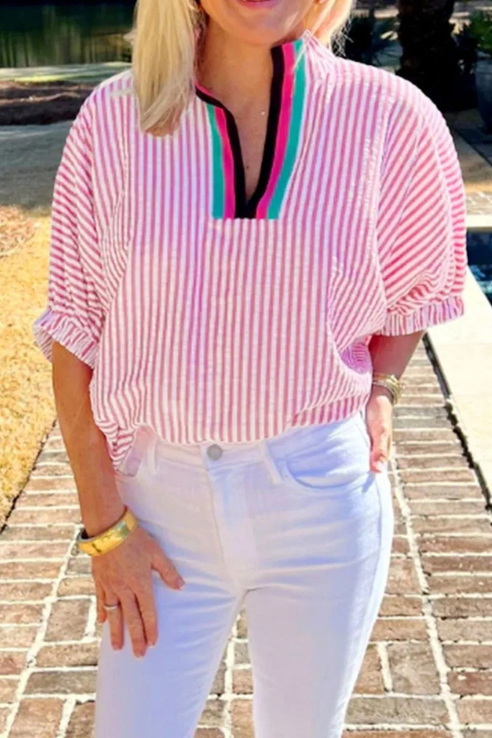Blue &amp; White Striped Puff Sleeve Blouse with Colorblock V-Neck