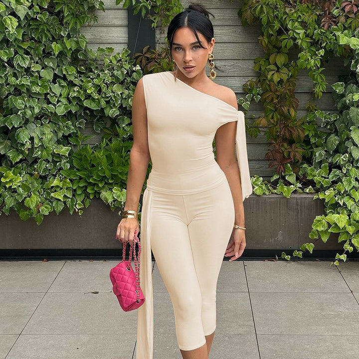 One-Shoulder Tie-Detail Two-Piece Set | Bodycon Crop Top &amp;amp; Capri Leggings Outfit