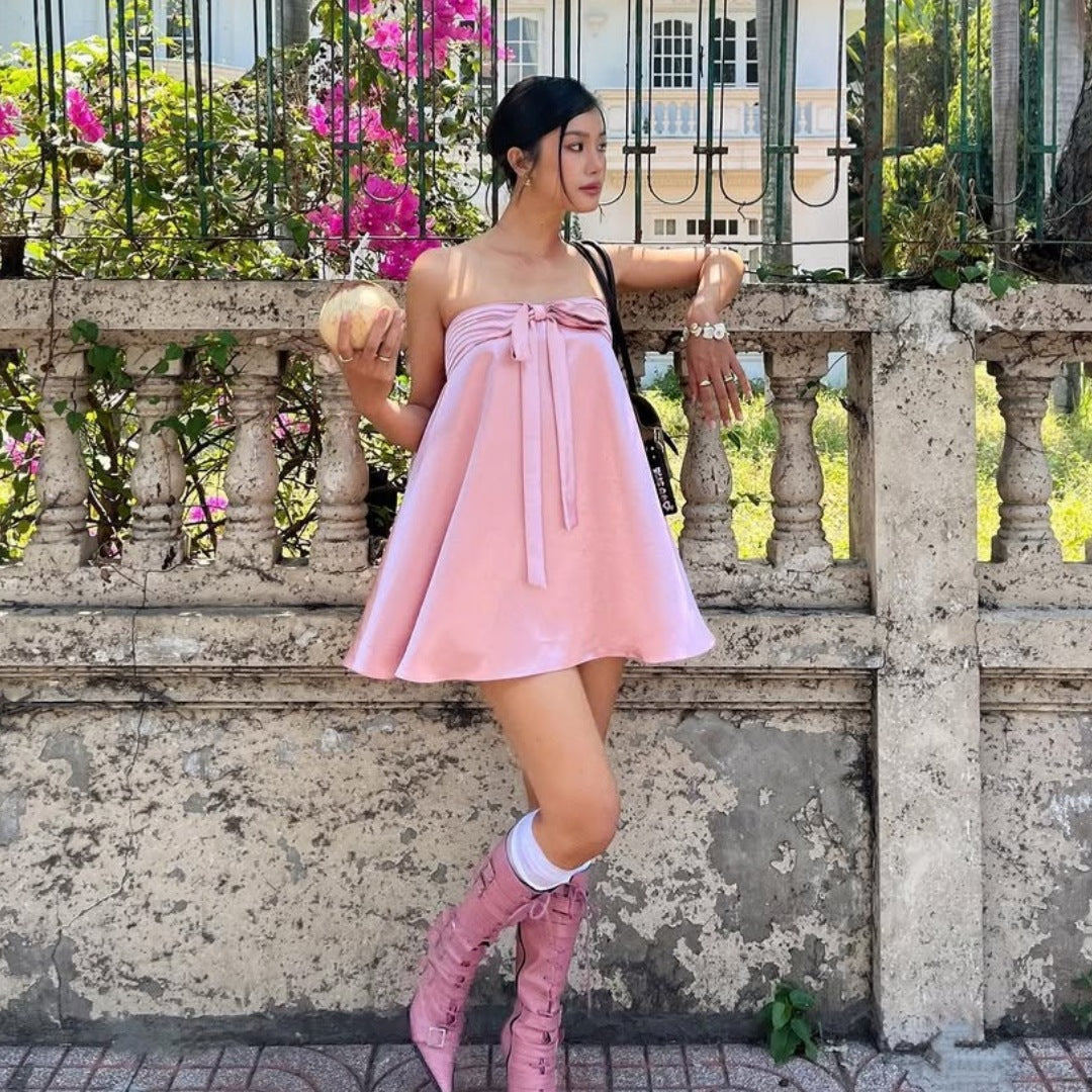 Multi-Color Strapless Satin Bow Mini Dress