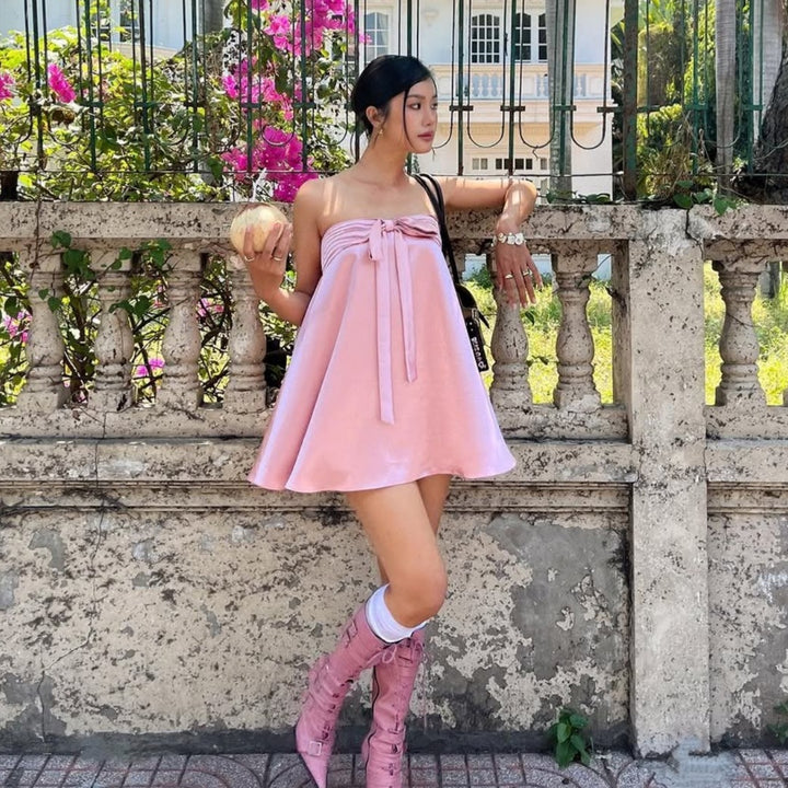 Multi-Color Strapless Satin Bow Mini Dress