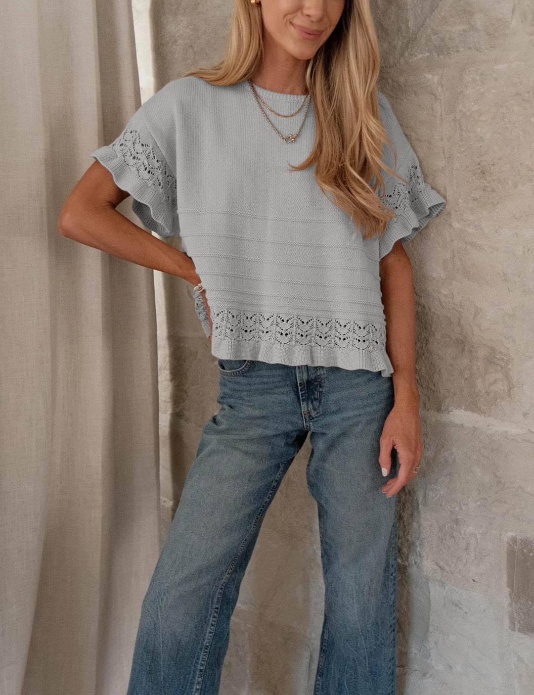 Beige Crochet Lace Trim Short-Sleeve Knit Top