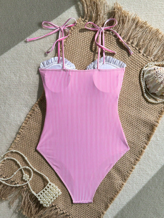 Striped Ruffle Trim Tie-Strap One-Piece Swimsuit