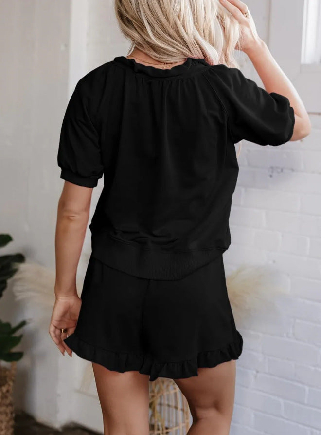 Women 2 Piece Lounge Sets Casual Short Sleeve Outfits Half Zip Puff Sleeve Top and Ruffled Shorts Set