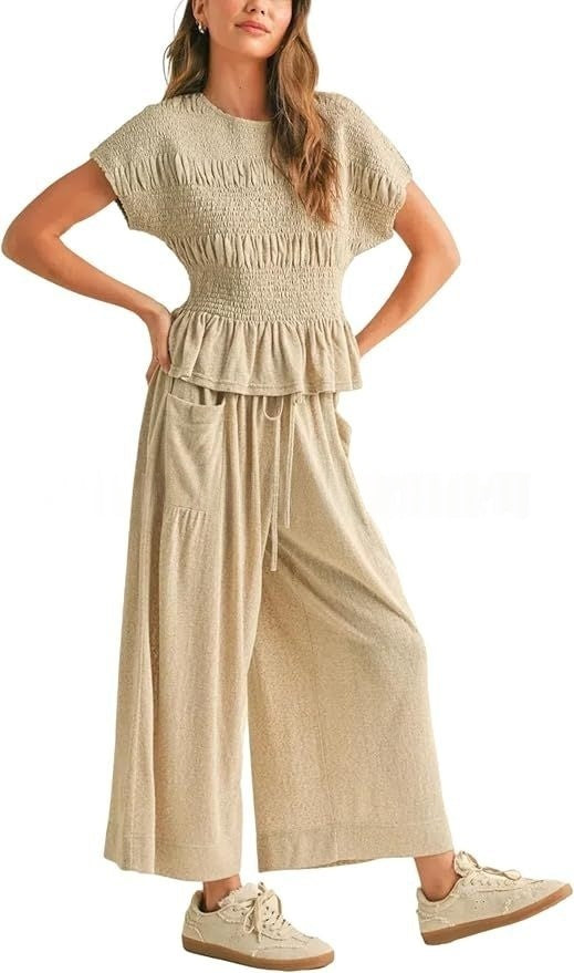 Beige Linen-Blend Smocked Peplum Top &amp;amp; Wide-Leg Pants Set