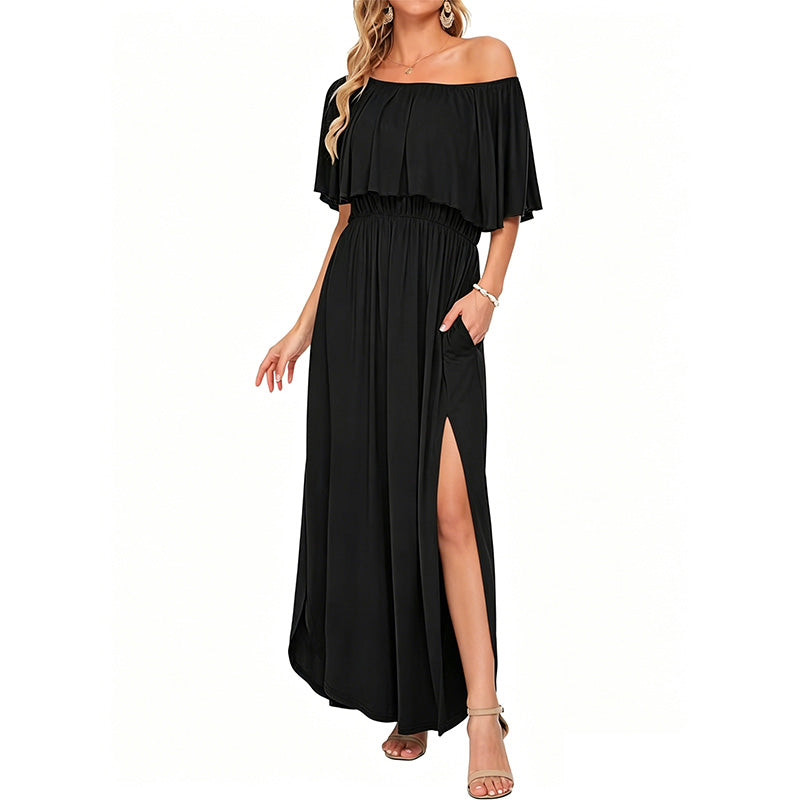 Printed off-shoulder short-sleeved long dress