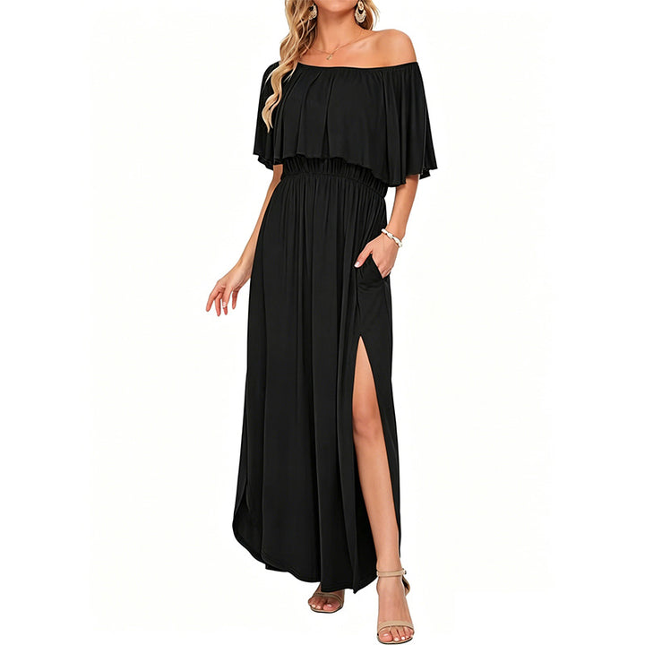 Printed off-shoulder short-sleeved long dress