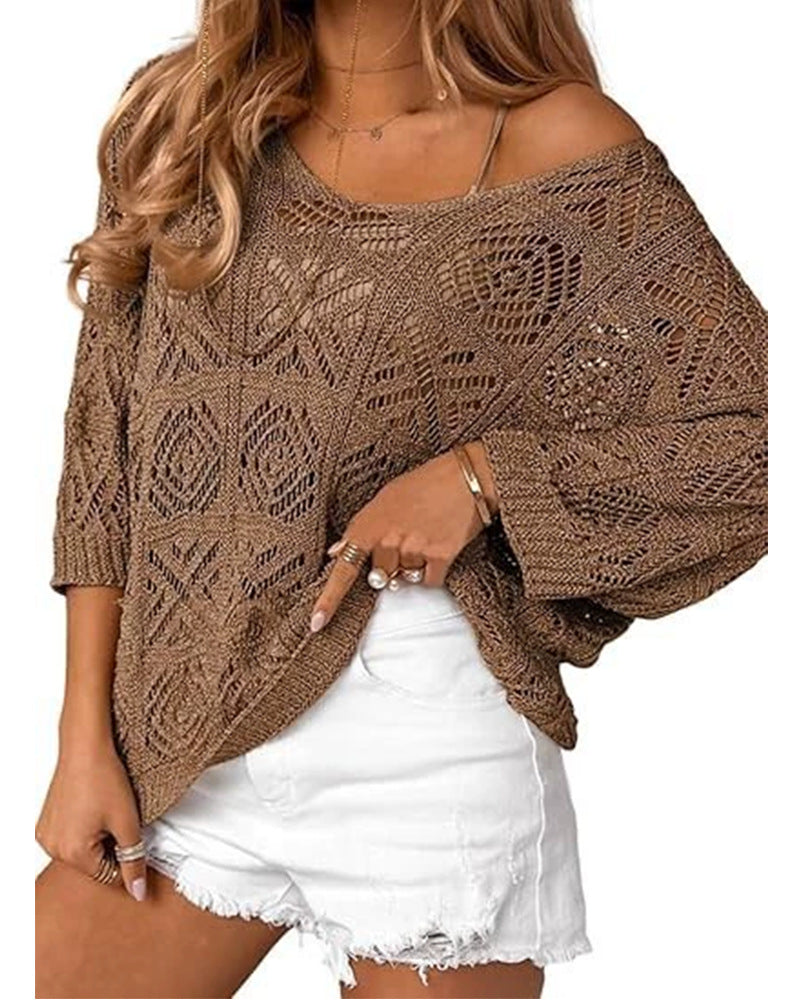 Openwork three-quarter sleeve knitted cover-up