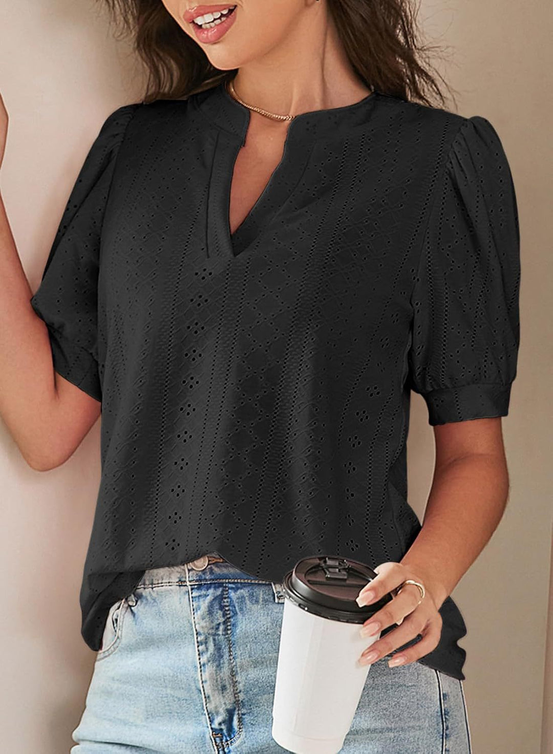 Eyelet Puff Sleeve Split Neck Blouse