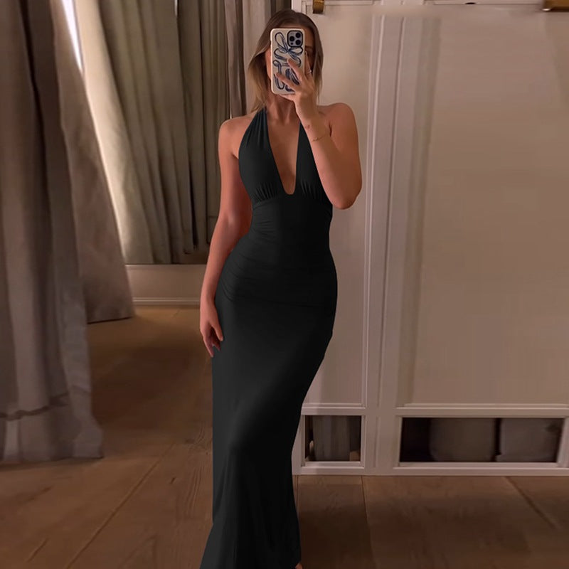 Multi-Color Halter Neck Ruched Maxi Dress | Deep V Bodycon Mermaid Evening Dress