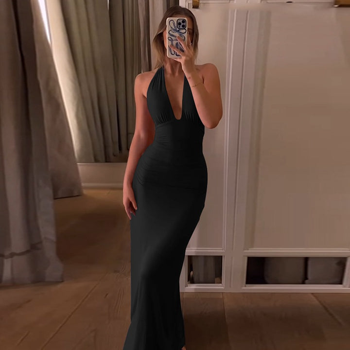 Multi-Color Halter Neck Ruched Maxi Dress | Deep V Bodycon Mermaid Evening Dress