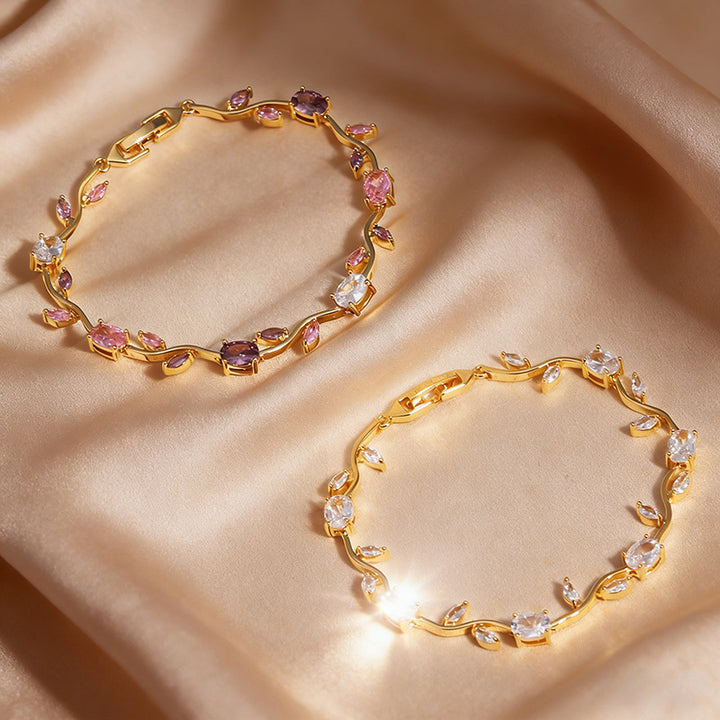 Gold Tone Multicolor Gem Vine Leaf Bracelet | Vintage Nature-Inspired CZ Cuff