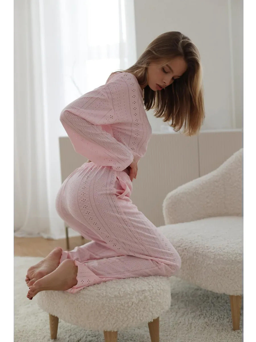 Eyelet Embroidered Two-Piece Lounge Set Soft comfort. Feminine detail. Everyday ease.