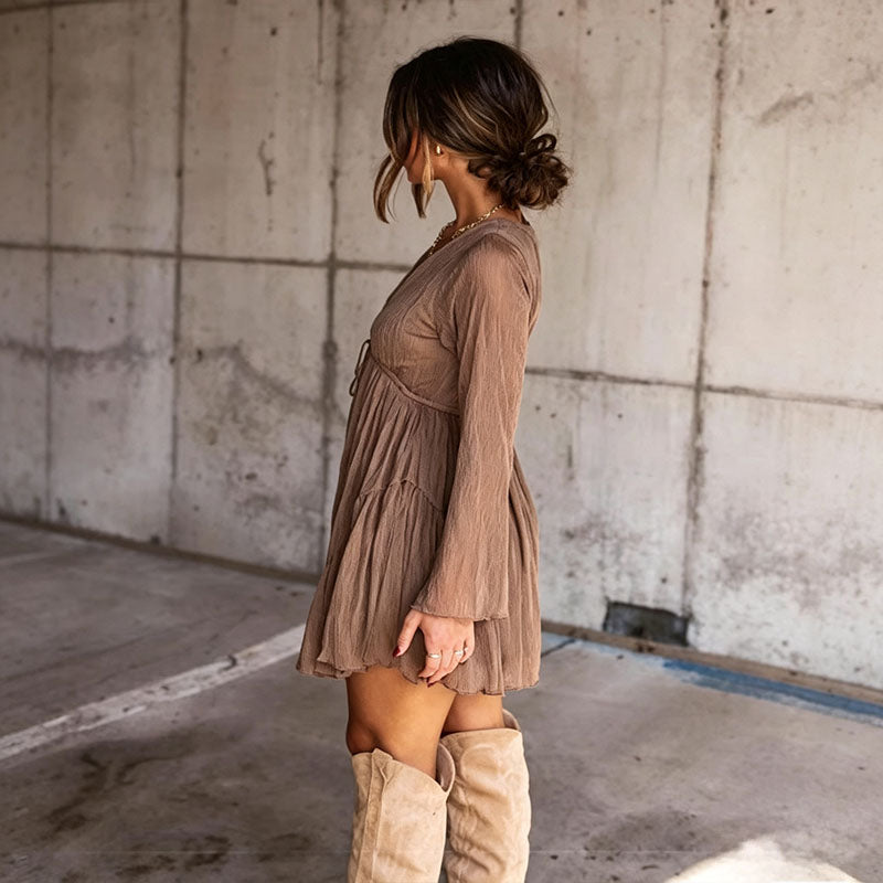 V-neck long-sleeve belted mini dress
